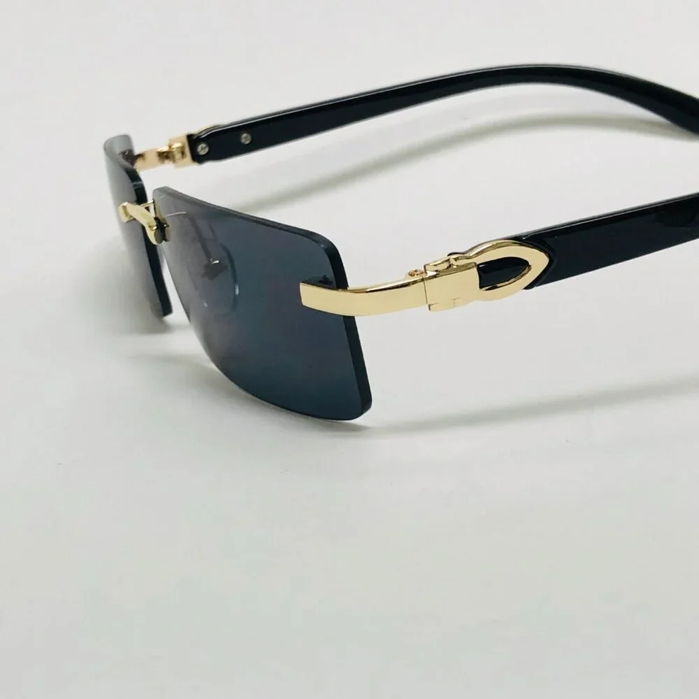 Men Sunglasses Hip Hop Shades Metal Gold Rimless Black‎ Lens Outdoor Street Wear